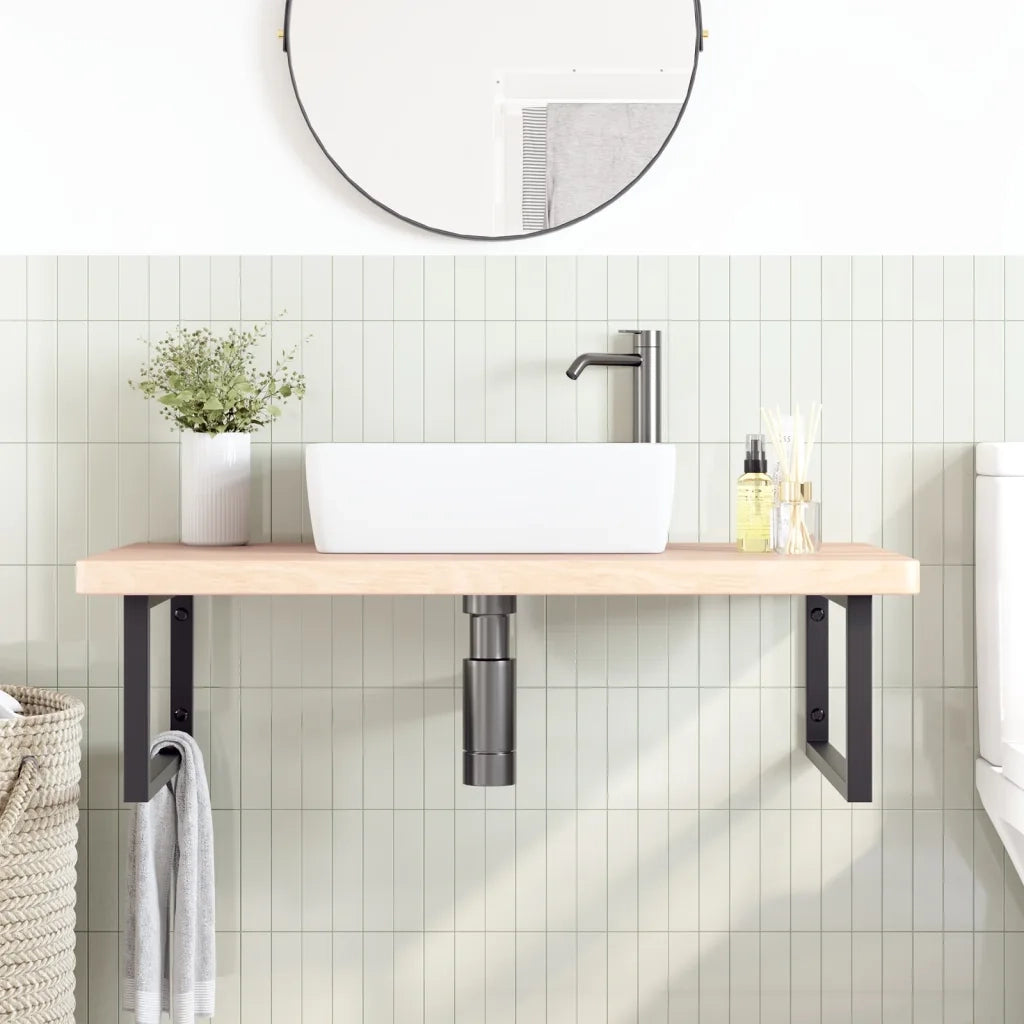 Ripiano a Parete per Lavabo in Acciaio e Massello di Rovere 3302473