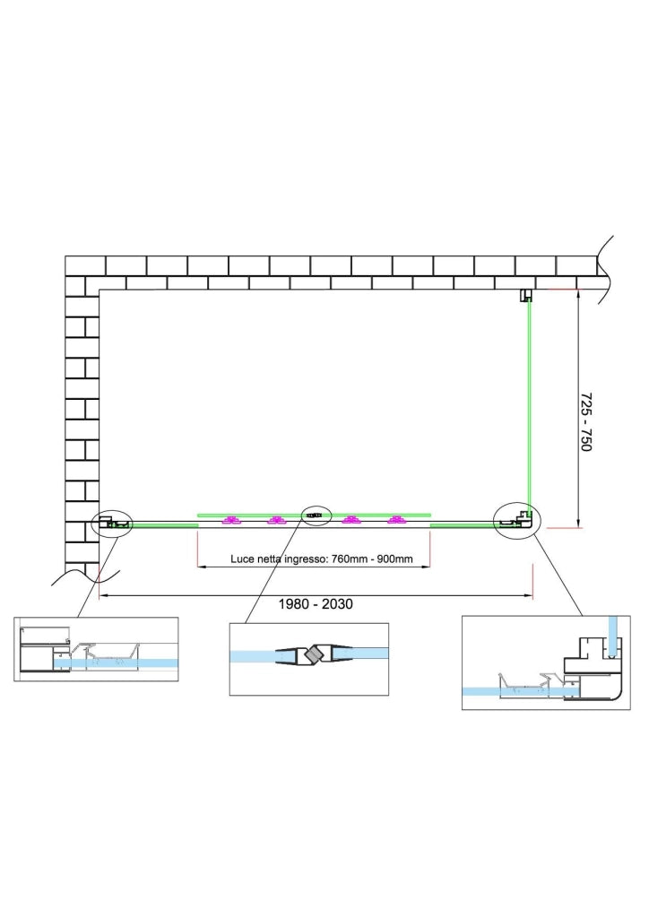 Box doccia 6 mm H 190 parete fissa e porta a 4 ante con apertura centrale MISURA 72,5-75 ANTA FISSA + PORTA 198-203