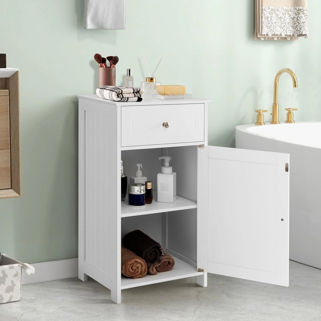 Armadio da Bagno con Ante e Cassetto 43 x 34 x 77cm, Mobile Bagno con Mensola Regolabile e Dispositivo Anti-ribaltamento, Armadietto Elegante per Ufficio, Soggiorno e Camera da Letto (Bianco)