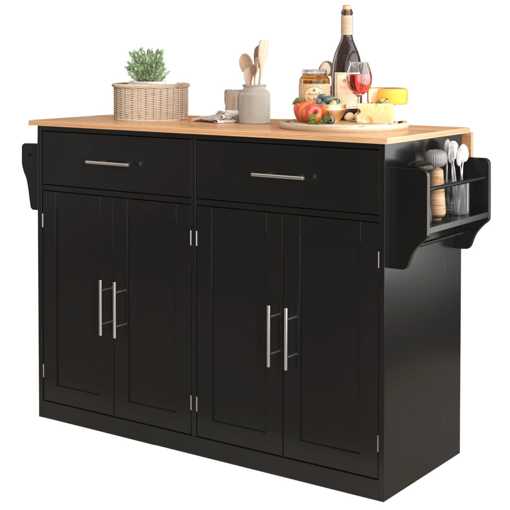 Carrello da Cucina con 2 Cassetti; 4 Ante; Piano Ribaltabile; Ruote e Portasciugamani; Nero 120x46x91;5 cm