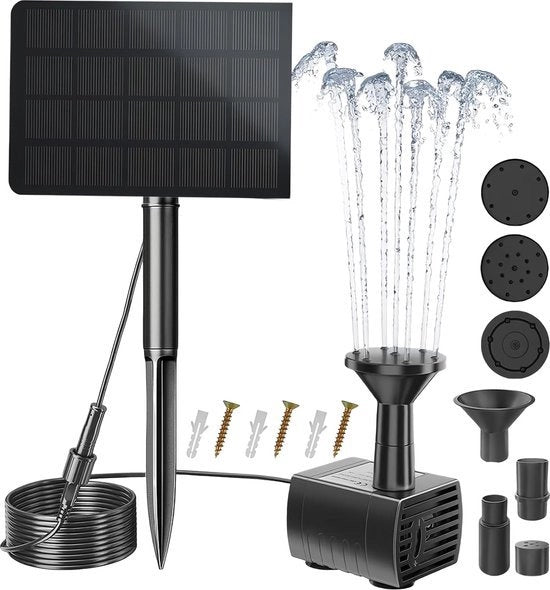 Pompa solare 25 W con tubo di alimentazione da 3 m e 4 getti - per giardino, laghetto per uccelli e vasca da 200 l/u