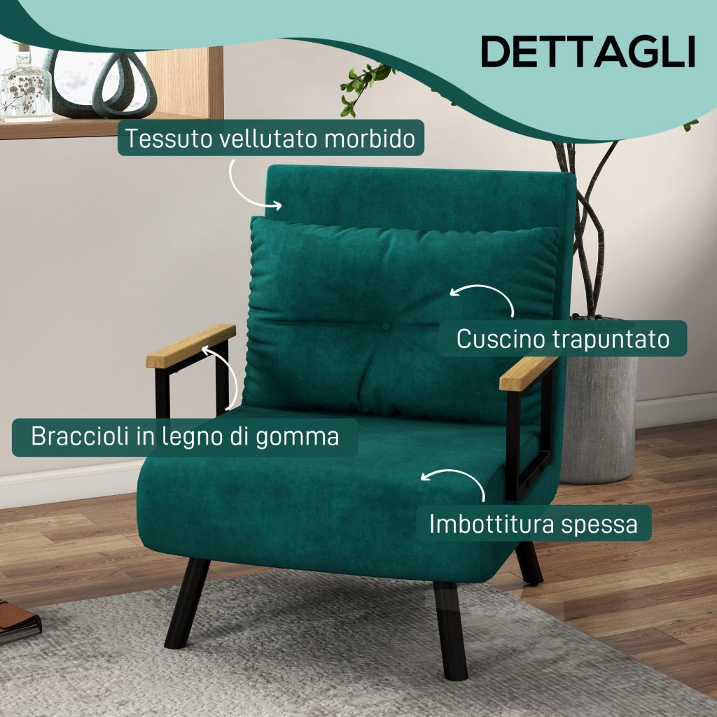Poltrona Letto Singolo Reclinabile con Cuscino Sfoderabile in Tessuto Effetto Lino Verde