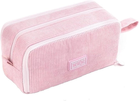Penne e matite in contenitore con 3 cassette di grande capacità, colore rosa.