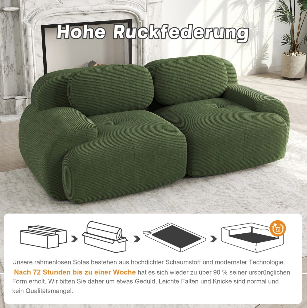 Divano modulare ad angolo 208x103x70 cm in tessuto velluto a coste verde; senza telaio