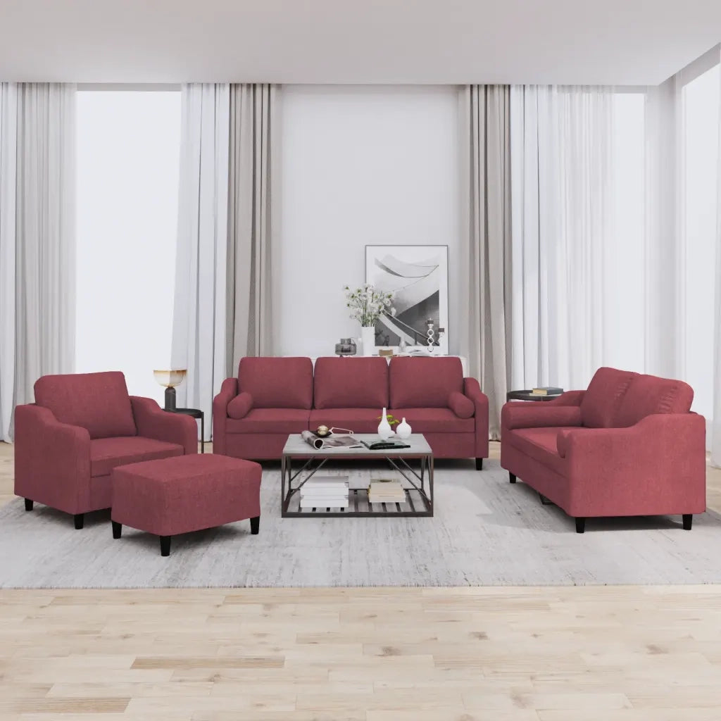 Set di Divani 4 pz con Cuscini Rosso Vino in Tessuto