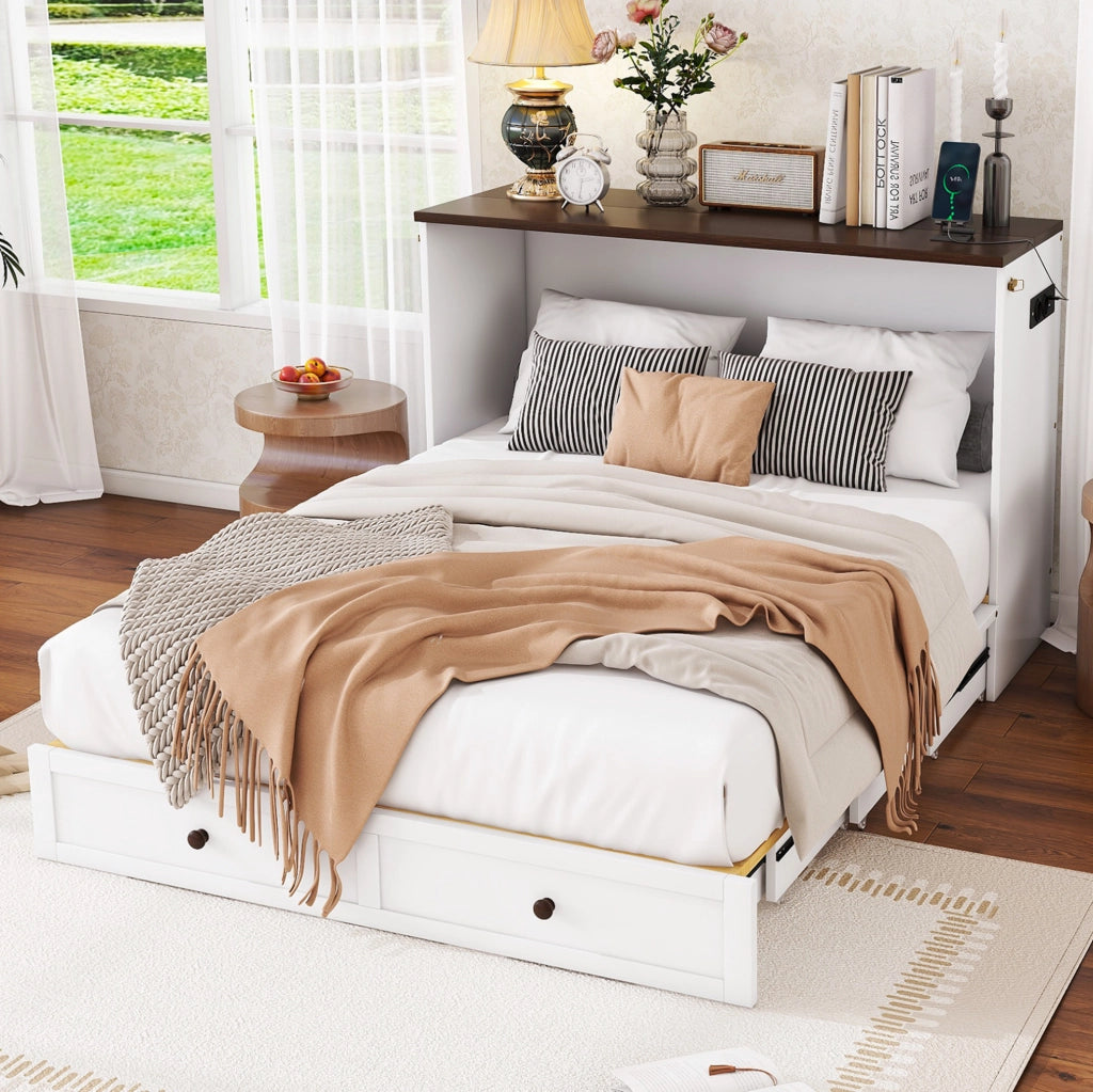 Letto a scomparsa 140x200 cm trasformabile con cassetti e USB in legno e MDF bianco