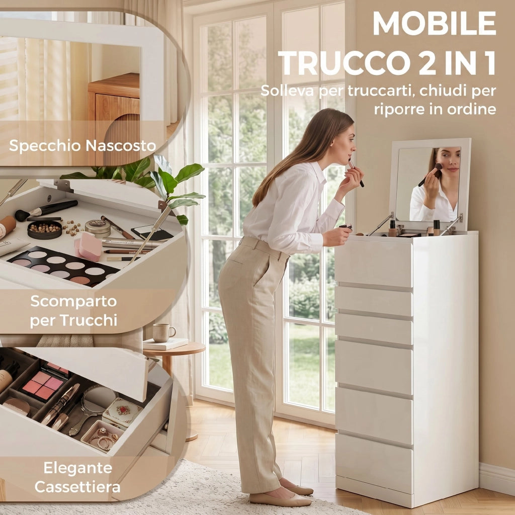 Cassettiera 40x48x110 cm 6 Casetti con Specchio Ribaltabile in MDF Bianco