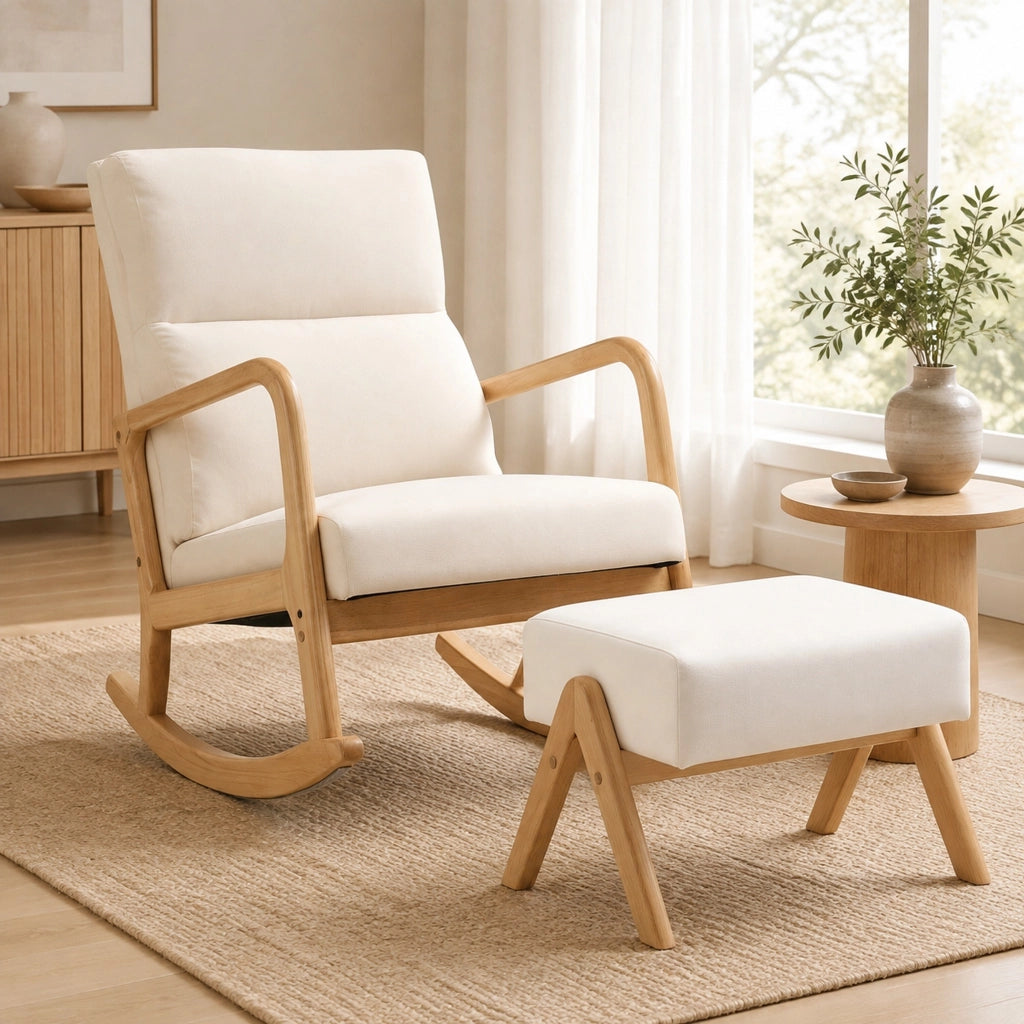 Poltrona a dondolo con sgabello; 65x96x94.5 cm; movimento 35°; in poliestere; bianco crema