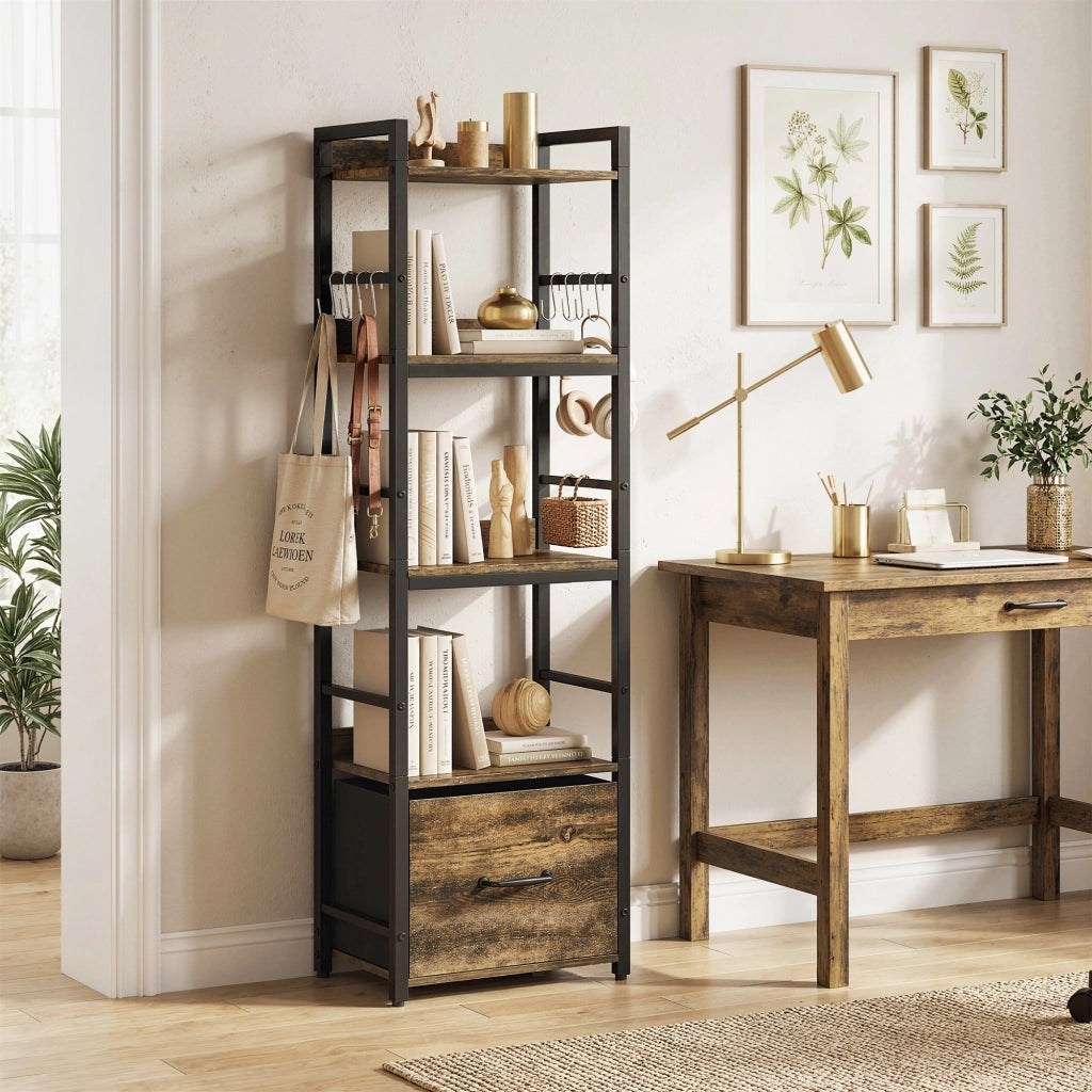 Libreria 4 Livelli con Cassetto e Ganci ¨C Zephmum ¨C Marrone Rustico 39x26x136.5 cm