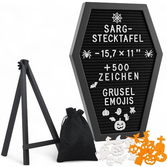 Letterbord con oltre 500 caratteri - Standaard in legno - Letterbord gotico - Decorazione di Halloween - Emoji spaventosi - 40 x 28,5 cm - Letterbord da appendere
