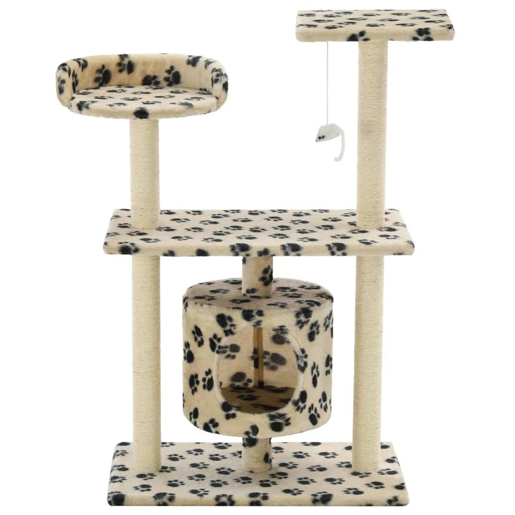Tiragraffi albero per gatti cuccia per gatti peluche in sisal 95 cm beige con motivo a impronta di zampa 3702176