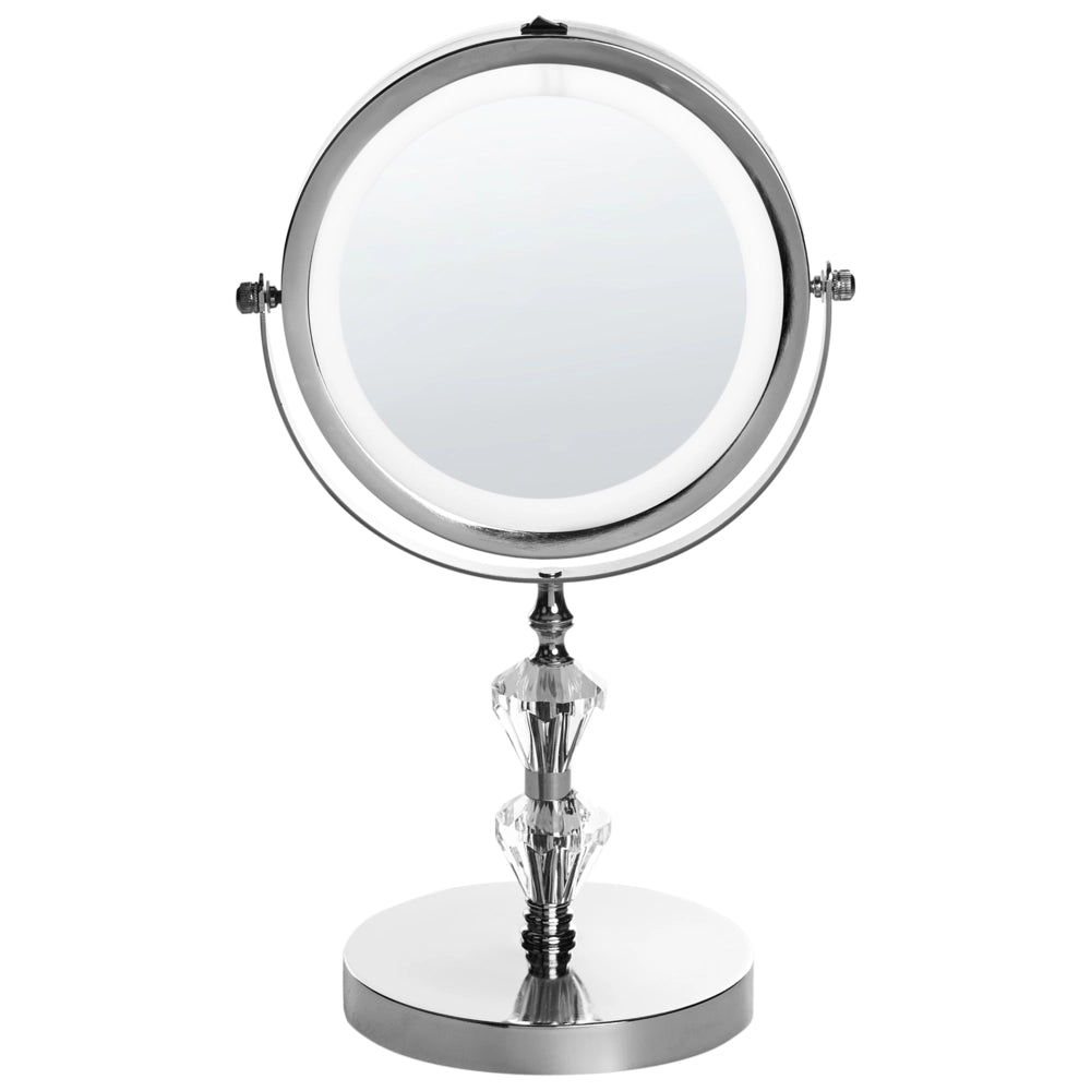 Specchio da tavolo illuminato in metallo argentato ø 20 cm con luci LED d'ingrandimento bifacciali