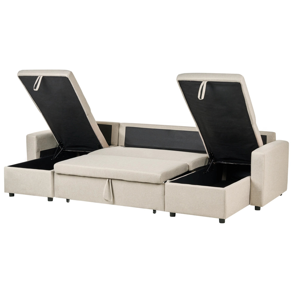 Divano letto ad angolo con rivestimento in tessuto beige a 5 posti a forma di U con contenitore