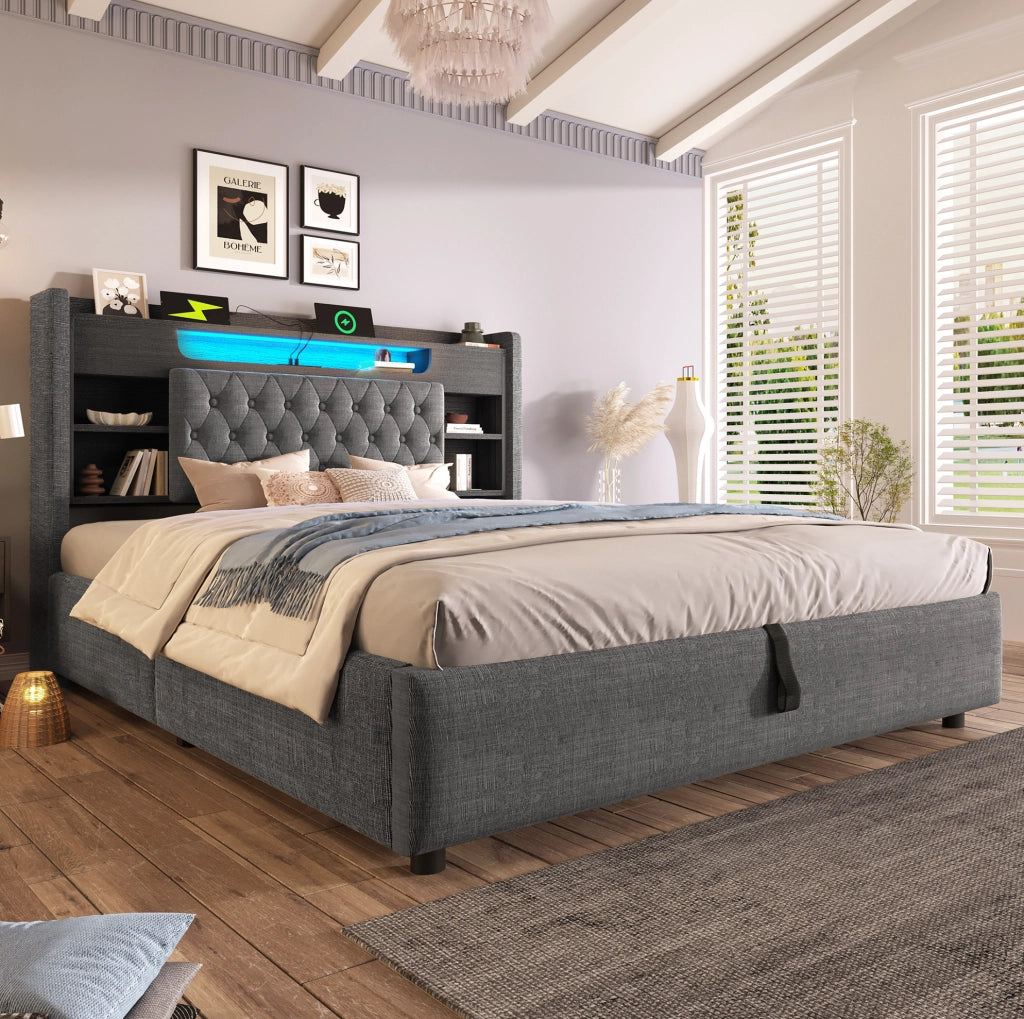 Letto imbottito grigio 140x190 con contenitore, LED e ricarica USB-C