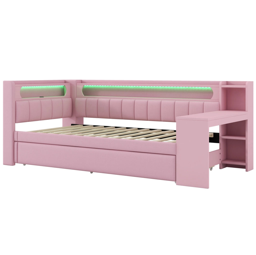 Letto a giorno 90x200 cm con letto estraibile; scrivania e LED in MDF; compensato; imbottito rosa