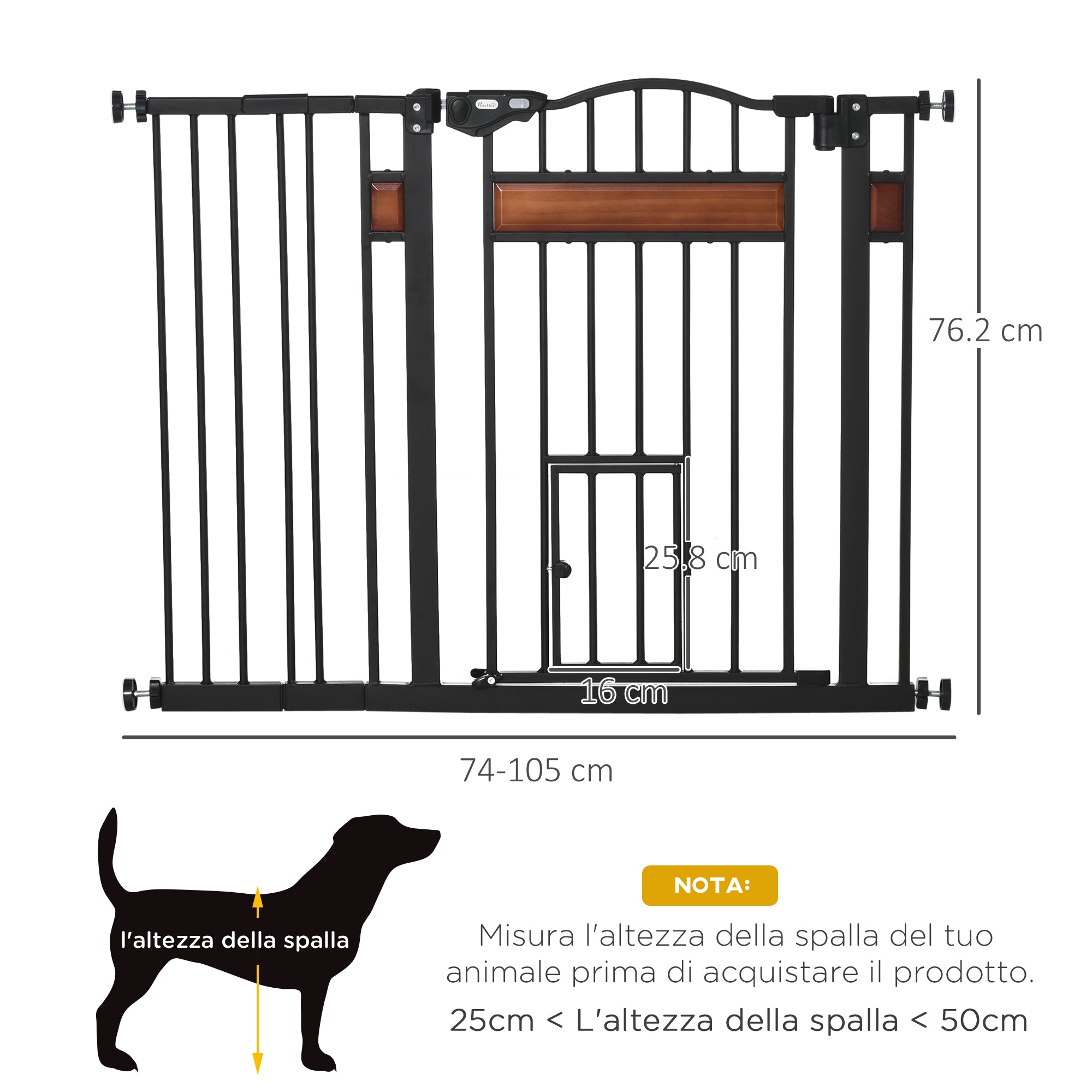 Cancelletto per Cani di Taglia Media e Piccola 74-105x76,2 cm con Chiusura Automatica Nero