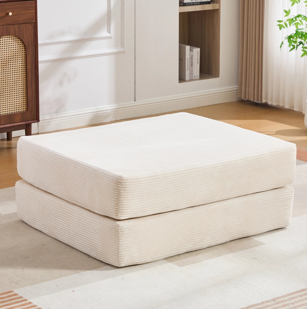 Pouf poggiapiedi in corduroy beige trasformabile in letto singolo; 109x95x43 cm