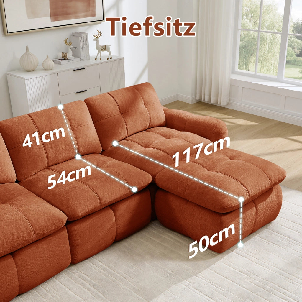 Divano modulare a L in chenille con comfort ergonomico e poggiapiedi arancione per soggiorno e appartamenti