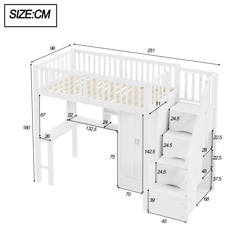 Letto soppalco di deposito; 90x200cm; armadio; scaffale; scrivania; scale; bianco