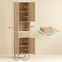 Colonna Bagno con Cassetto, 2 Armadietti e Ripiani Regolabili, Ripiano Effetto Marmo, 41.5x30x168 cm, Rovere