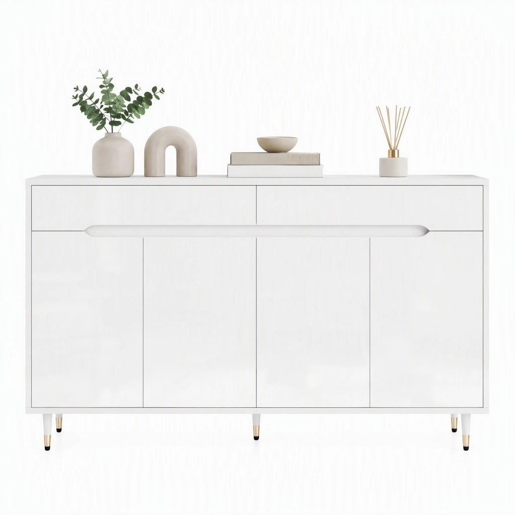 Scarpiera moderna con ante; 2 cassetti e ripiani regolabili; 140 x 39 x 84 cm; bianca e oro