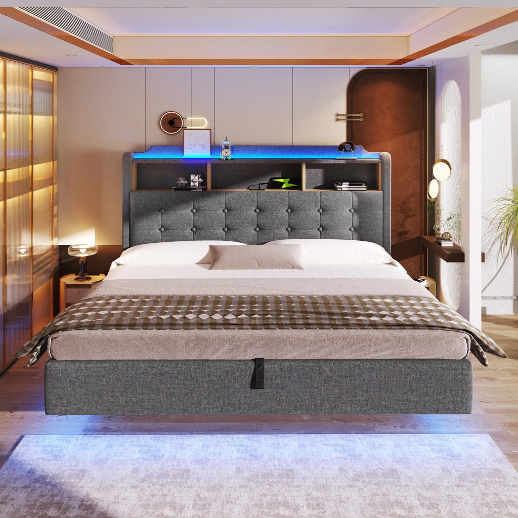 Letto matrimoniale contenitore 180x200 cm effetto sospeso con LED; testiera portaoggetti; USB e USB-C; lino grigio