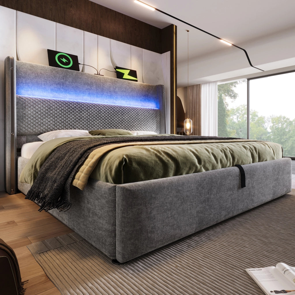 Letto con testiera alta, LED integrato, vano contenitore e porte USB/Type-C