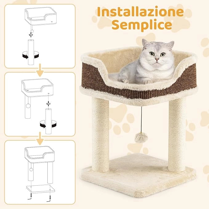 Albero per Gatti 38 x 38,5 x 51 cm, Torre per Gatti con Posatoio in Peluche, Pali Graffianti in Sisal e Palla Pendente, Centro Attività Moderno per Animali Domestici (Beige)