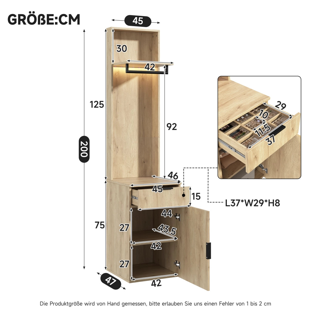 Armadio guardaroba 155 × 47 × 200 cm con 5 cassetti 3 appendiabiti specchio e LED in MDF antracite e rovere