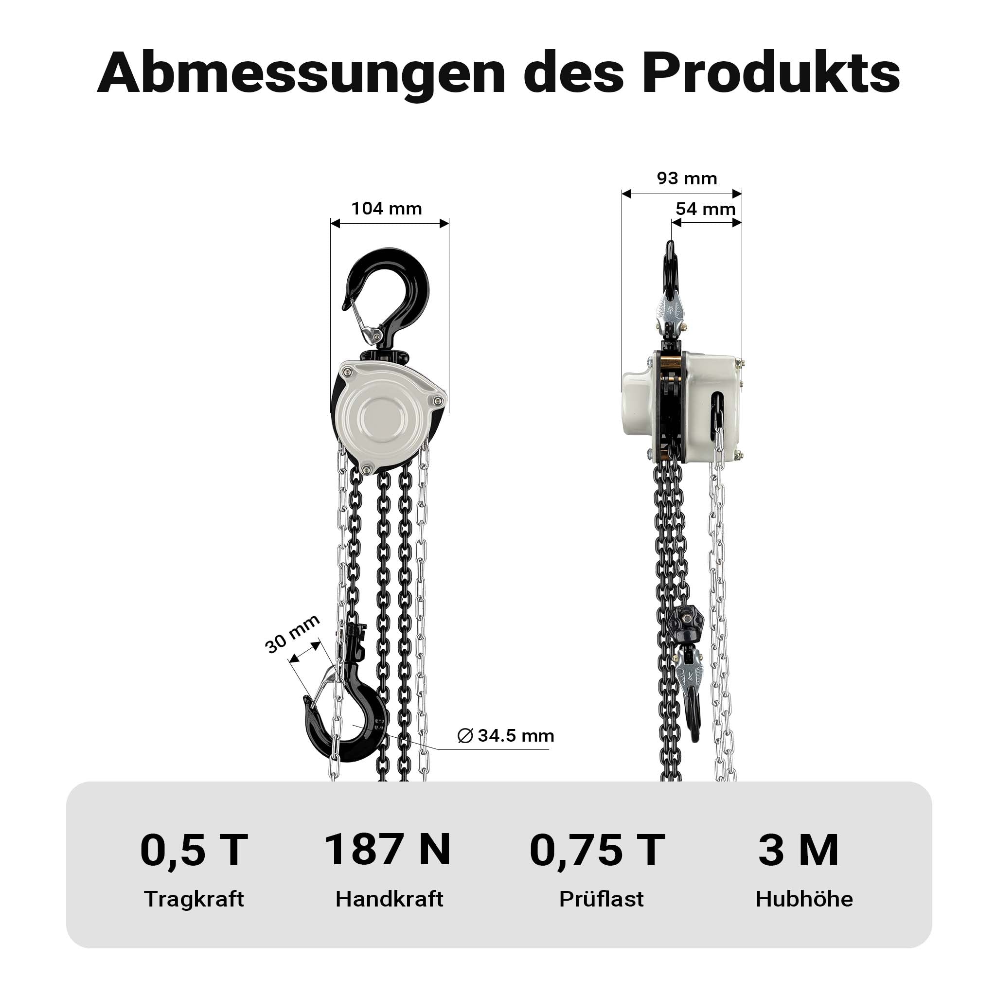 Paranco a catena manuale V21-0,5, capacità di carico 500 kg, altezza di sollevamento 3 m, leggero e compatto, per impieghi gravosi