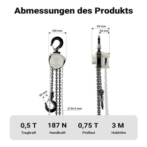 Paranco a catena manuale V21-0,5, capacità di carico 500 kg, altezza di sollevamento 3 m, leggero e compatto, per impieghi gravosi
