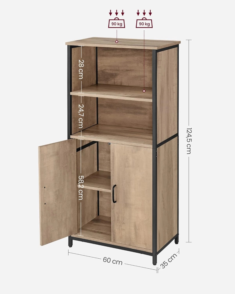 VASAGLE Mobiletto, Credenza, Libreria, 2 Ripiani Aperti e Scomparto con Ripiano Interno Regolabile, Telaio in Acciaio, per Salotto Cucina Studio, Marrone Rovere e Nero LSC066B50