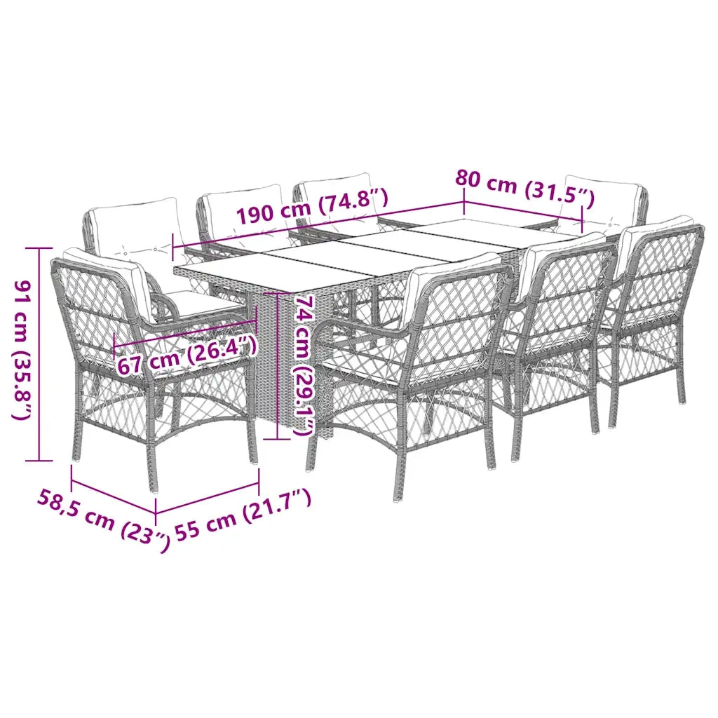 Set da Pranzo da Giardino 9 pz con Cuscini in Polyrattan Grigio