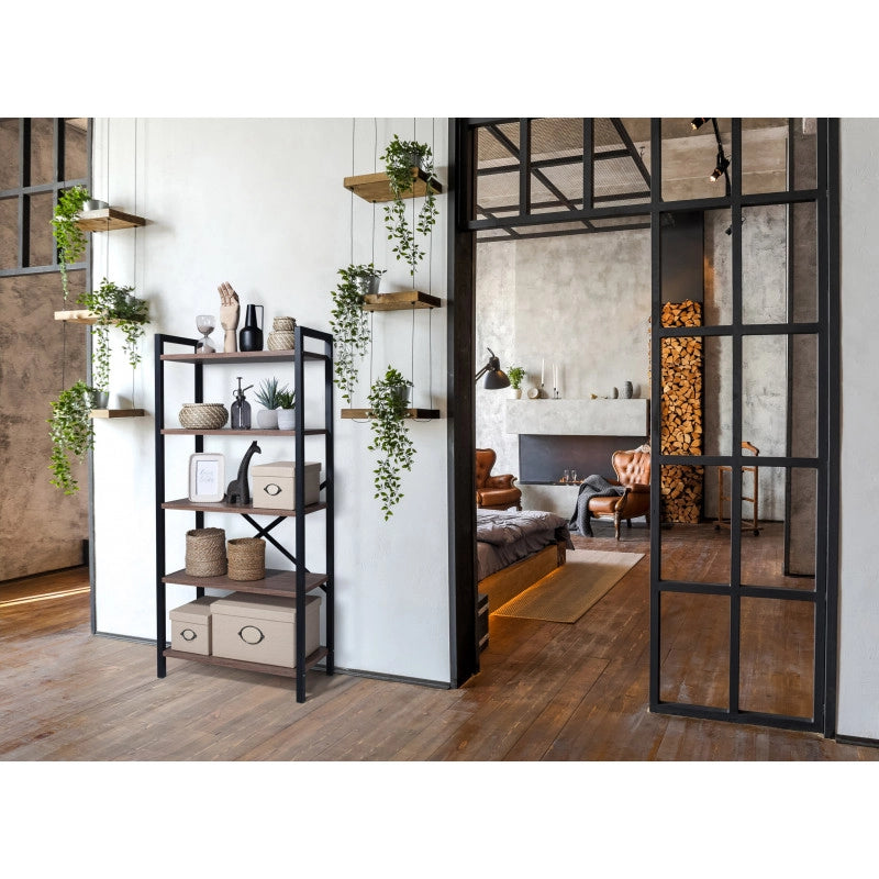 Libreria a 5 Ripiani, Scaffale Portaoggetti, Libreria Autoportante, 62x130x29,50 cm, Colore Dark Oak e Nero Opaco, Made in Italy