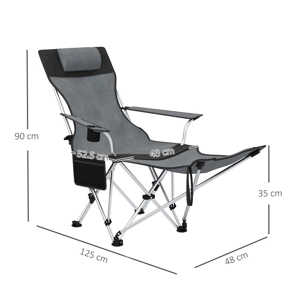 Set 2 Sedie da Campeggio 82x50-100x88 cm Pieghevoli con Poggiapiedi e Portabicchieri in Tessuto Oxford Grigio