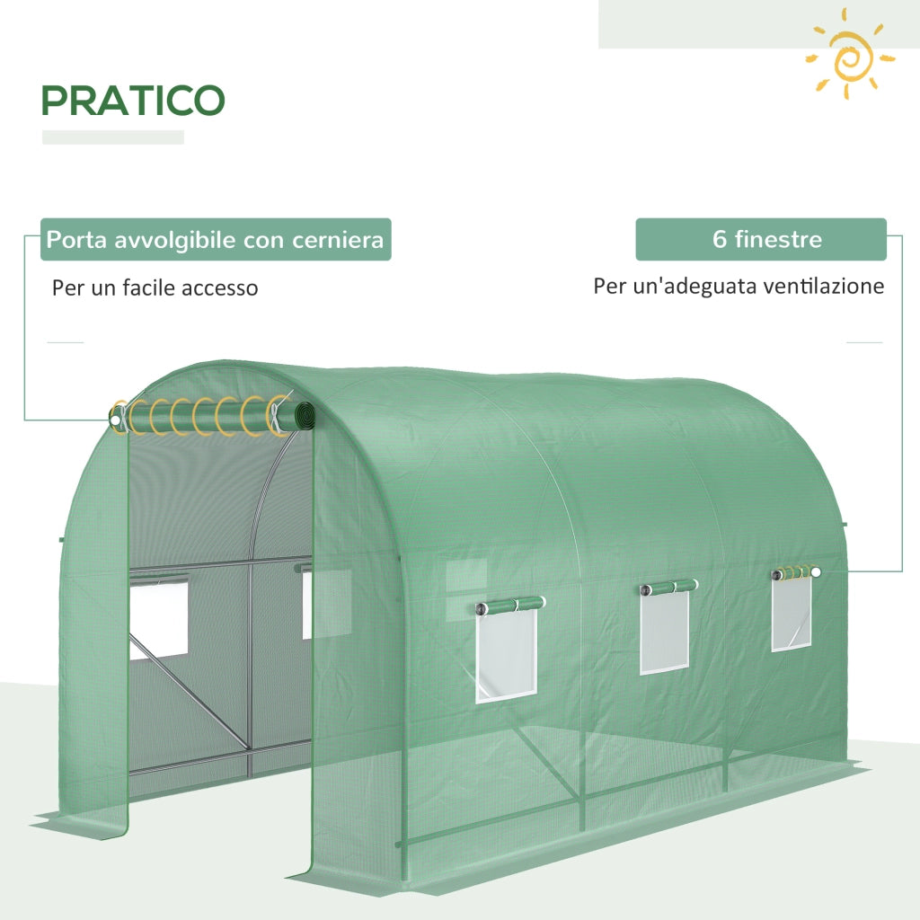 EasyComfort Serra per Orto a Tunnel 3.5x2x2m in PE e Metallo con 6 finestre e Porta Avvolgibile, Verde