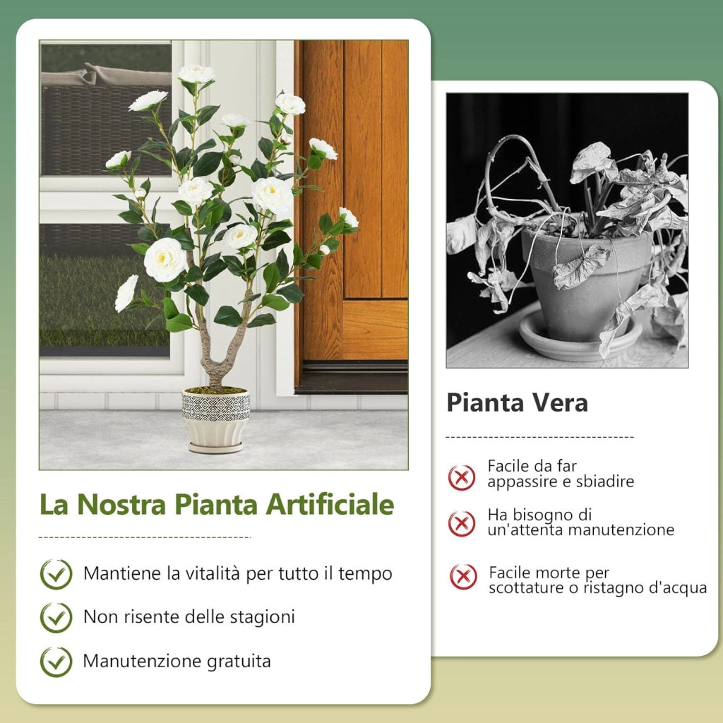 Albero di Camelia Artificiale 90 cm, Pianta Finta in Vaso con 16 Fiori Vivaci e 116 Foglie Vibranti, Pianta Decorativa per Soggiorno, Camera da Letto, Ufficio e Veranda (Bianco)