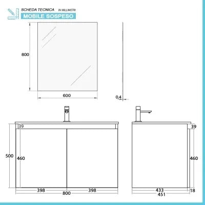 Mobile bagno sospeso 80 cm noce canaletto con 2 ante soft-close Kleo