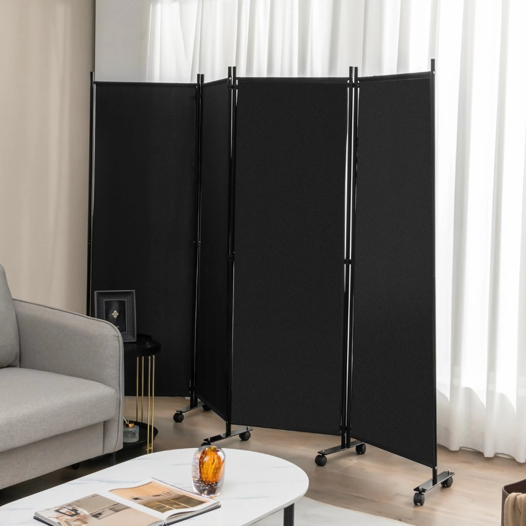Divisorio con 4 pannelli su ruote-Paravento portatile in tessuto per casa ufficio soggiorno Nero