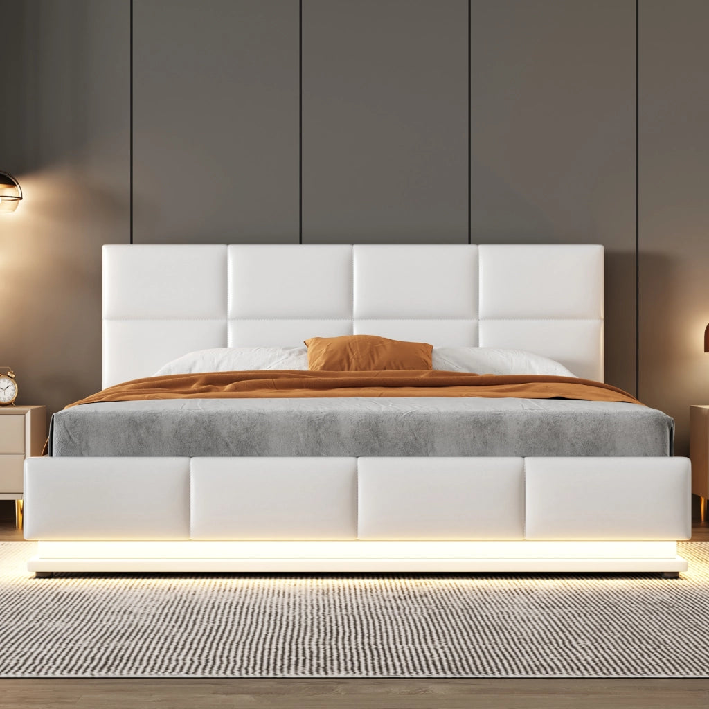 Letto imbottito matrimoniale 160×200 cm con LED e contenitore; rete inclusa; senza materasso; bianco