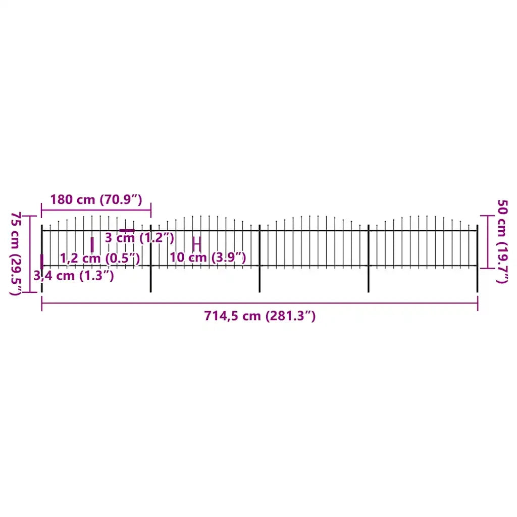 Recinzione da Giardino con Punta a Lancia in Acciaio 714,5x75 cm Nero 277706