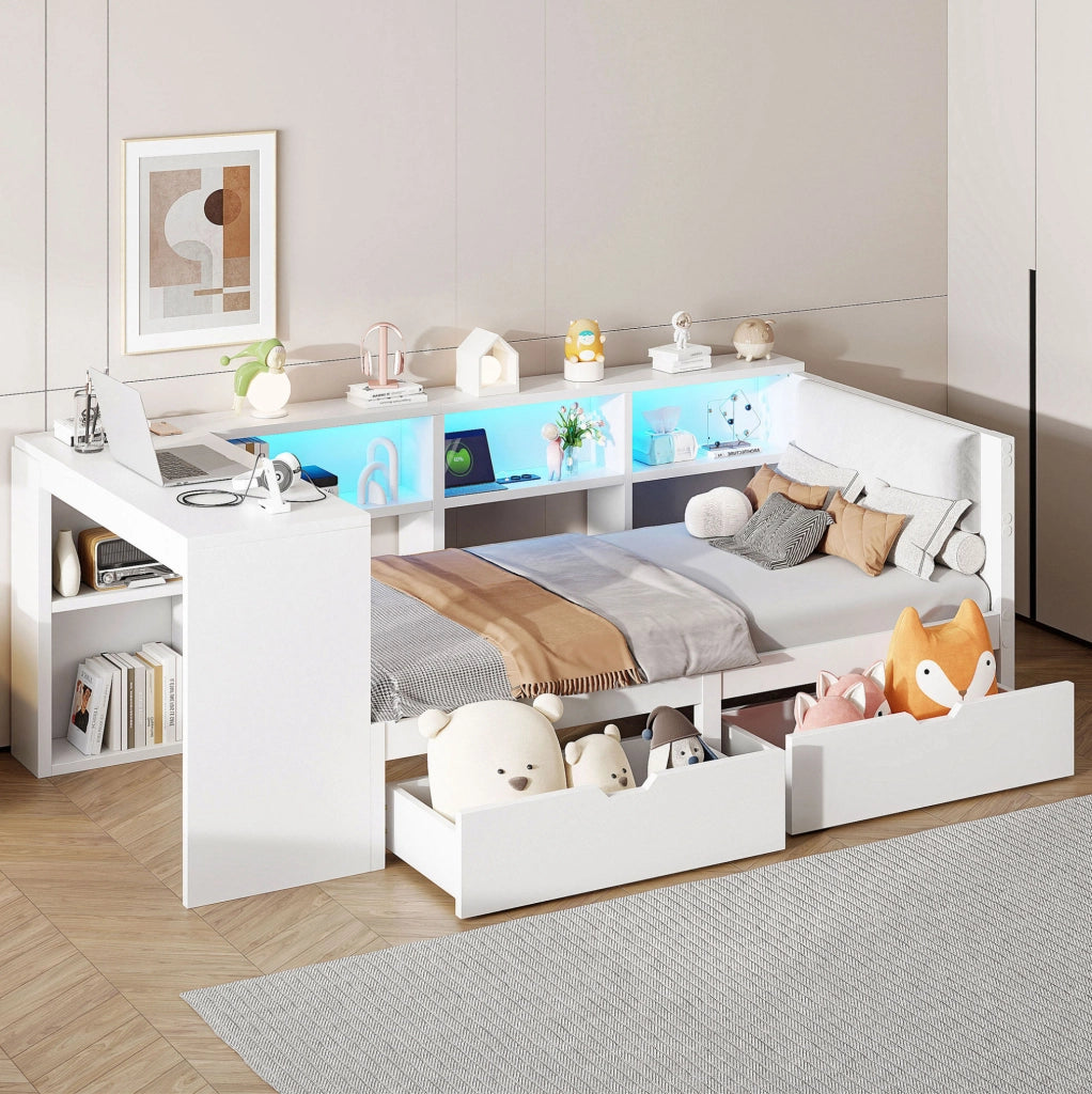 Letto a piattaforma 90x200 cm con testiera imbottita; vani contenitore; cassetti; LED e ricarica; bianco