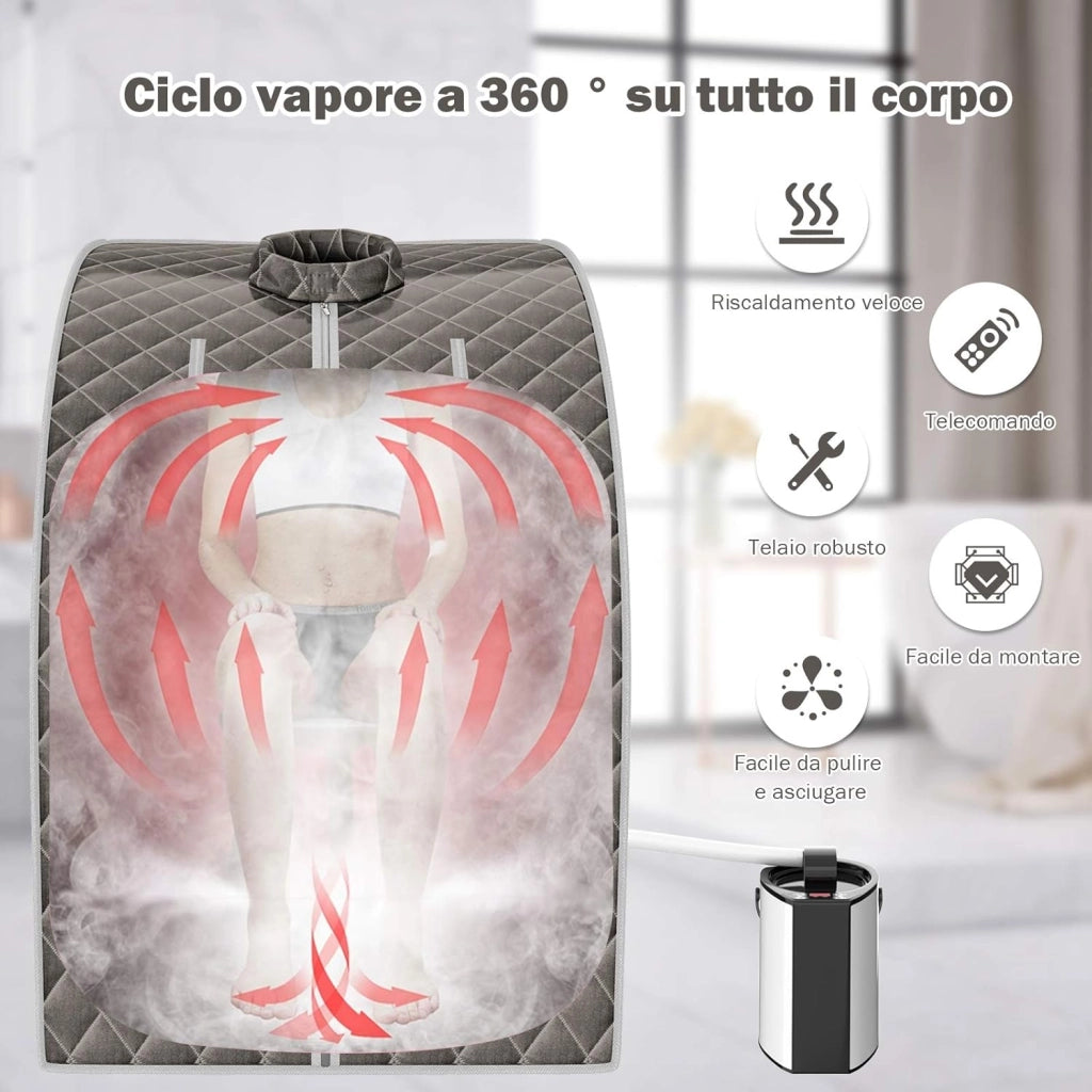Cabina Sauna a Vapore, Sauna da Casa con Sedia, Telecomando, Timer e Temperatura Regolabili, con Funzione Atomizzazione e Coperchio di Vetro Temperato Antiscoppio (Grigio)