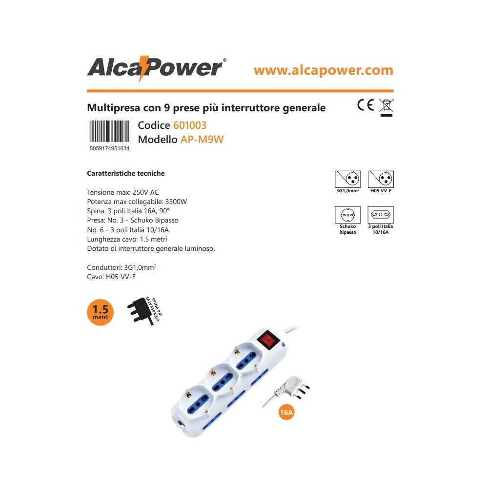 Alca power multipresa bianca con 6 bipasso + 3 universali con spinaa 90° cavo da 1,5mt con interruttore