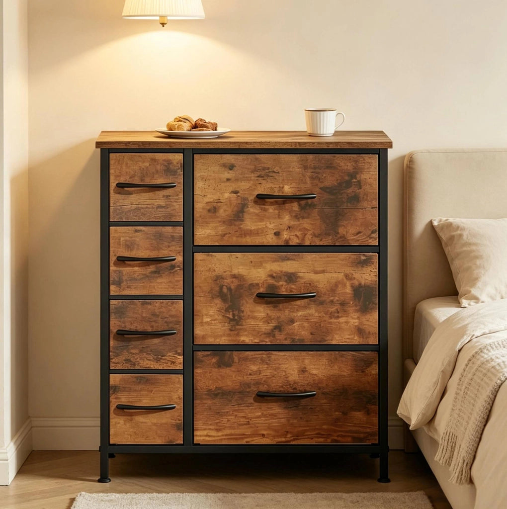 Cassettiera con 7 cassetti in tessuto; 63;5 x 30 x 73 cm; marrone rustico e nero