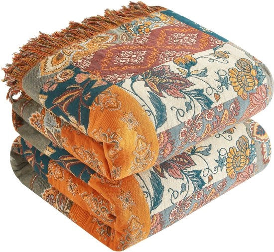 Dipinto Boho - Grande Mousseline Spiegaballo 200x230cm in Cotone 100% - Sovrapensile e Coperte per Divano e Letto, Design Estetico, Ideale per Salotto e Camera da Letto, Arancione/Verde