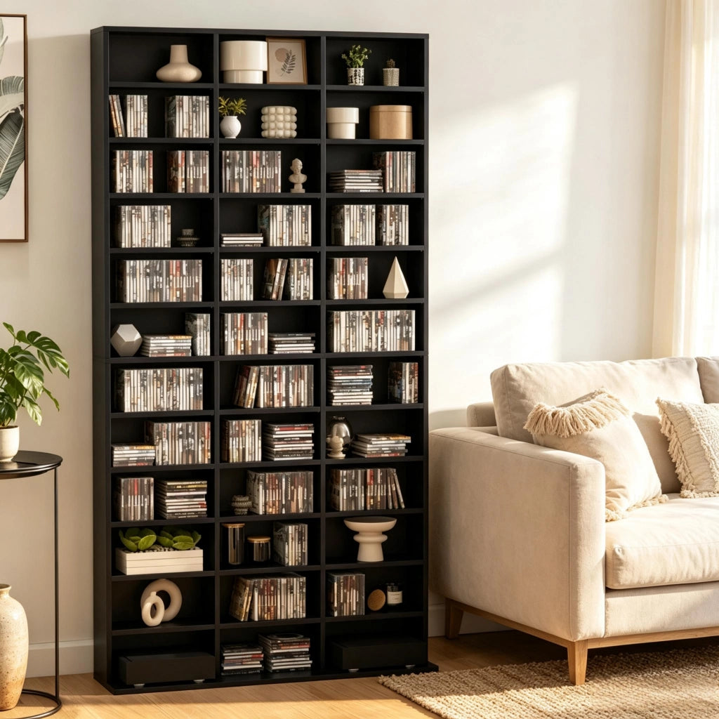 Mobile porta CD 102x23.5x195 cm con ripiani regolabili in MDF nero