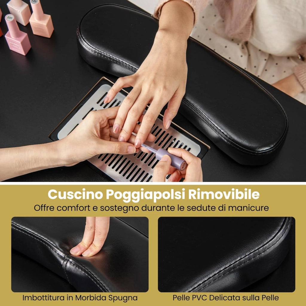 Tavolo Manicure con Aspirapolvere, Tavolo Unghie con Cassetti, Spina, 3 Sacchetti, Armadietto, Cuscino Poggia Polso e 8 Ruote blocabili, Banco Ricostruzione Unghie in Legno (Nero)