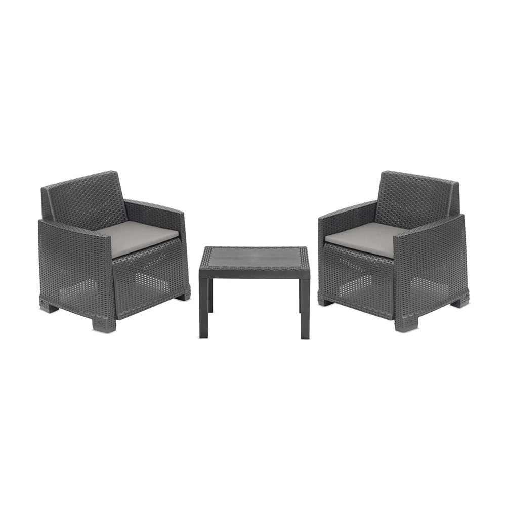 Trade Shop - Set Salotto Da Giardino Con 2 Poltrone Cuscini Tavolino In Polipropilene Effetto Rattan - Antracite