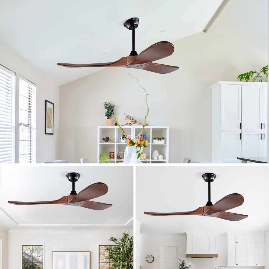 Ventilatore da soffitto 52 pollici, 3 pale legno, design ad elica, funzione memoria, telecomando, finitura noce, per terrazze e soggiorni